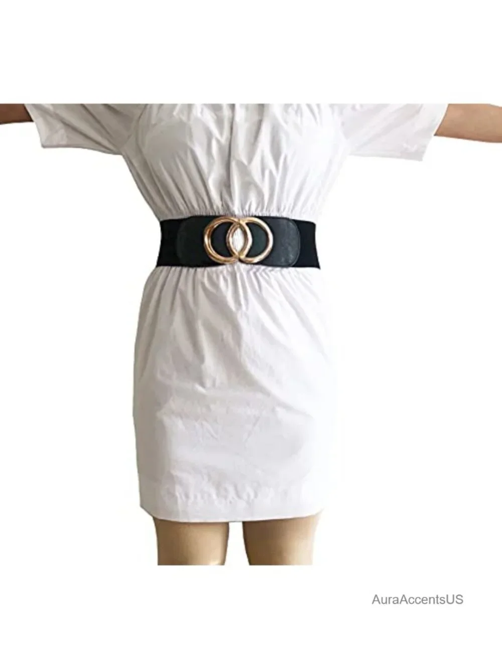 Women's Elastic Waist Cinch Belt with Metal Buckle - Stretchy Wide Belt for